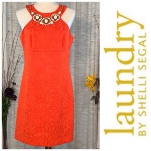 Laundry by Shelli Segal orange beaded sleeveless sheath dress.